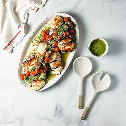 Easy one-pan basil halloumi chicken with tomatoes!