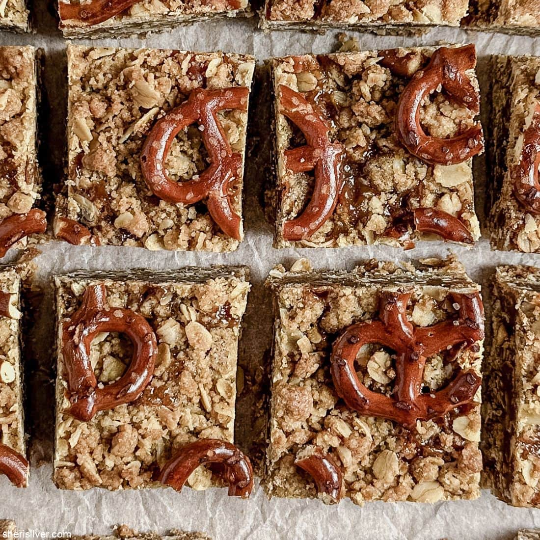 Easy one bowl peanut butter caramel pretzel oat bars!