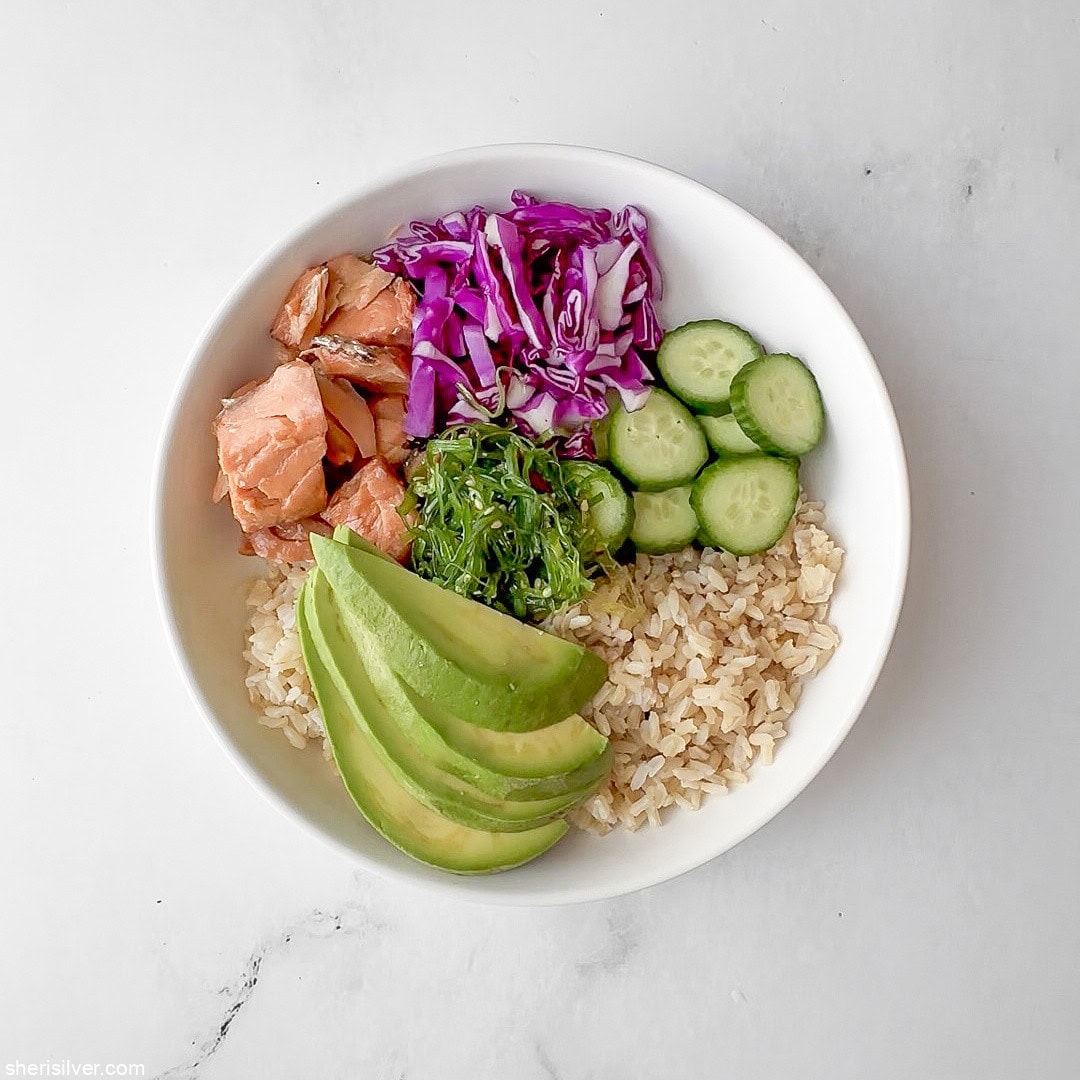 Smoked Salmon Rice Bowls with Sriracha Mayo, Avocado & Seaweed Salad