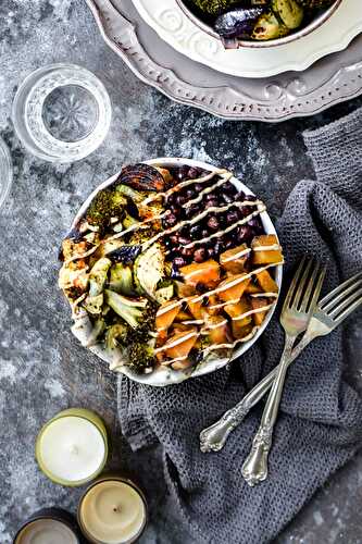 Roasted Veggie Sweet Potato Power Bowls + Yogurt Tahini Sauce
