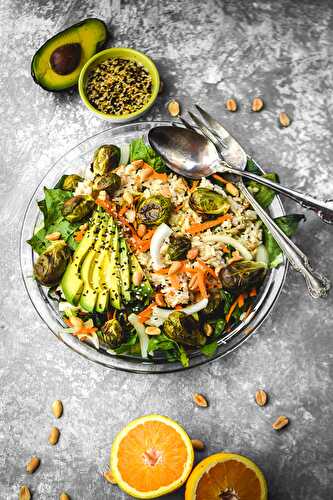 Roasted Brussels Sprouts Brown Rice Salad with Sesame Orange Dressing