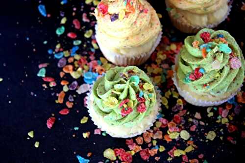 White Chocolate Cupcakes with Fruity Pebbles Buttercream Frosting