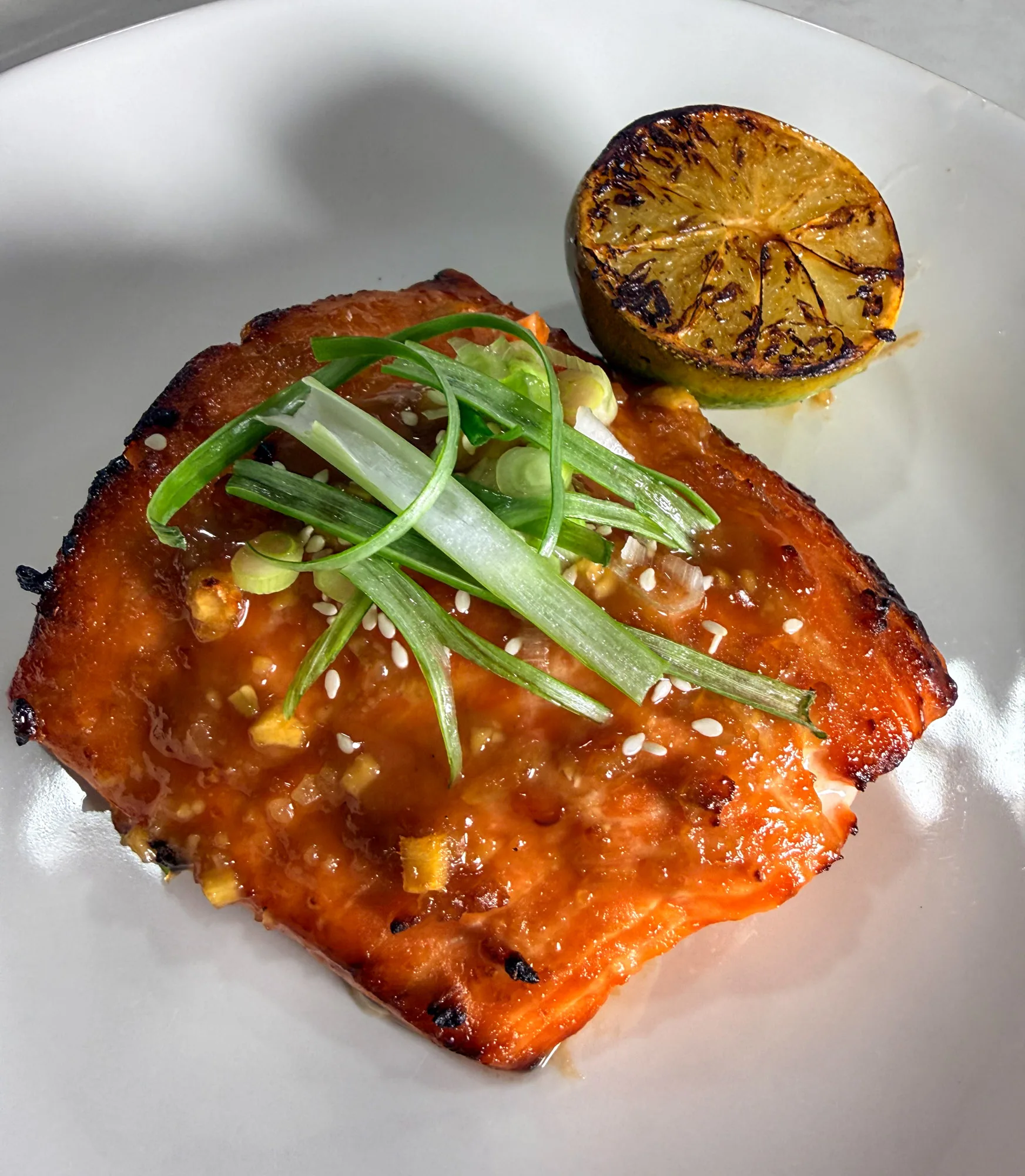 Maple-Miso Glazed Salmon with Sesame, Scallions & Charred Lime