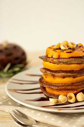 Vegan oatmeal pancakes with grilled persimmons