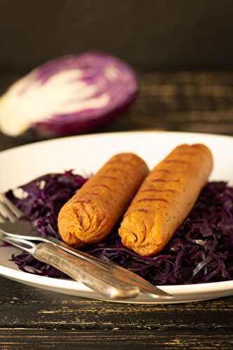 Vegan bratwurst with braised purple cabbage