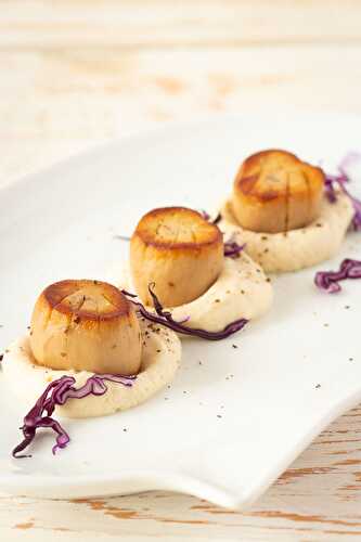 Seared vegan scallops with truffle celery root purée