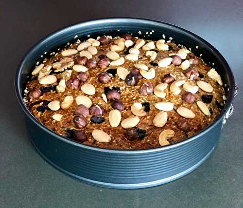 Healthy breakfast cake with fruits, nuts and oatmeal