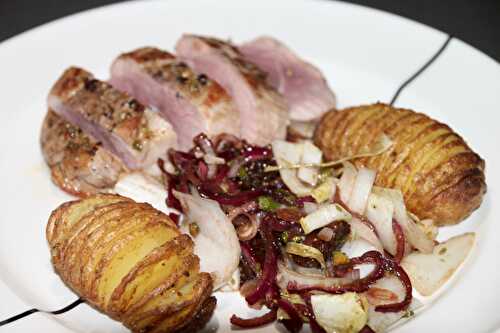 Duck with Hasselback potatoes and a salad of chicory and roasted figs