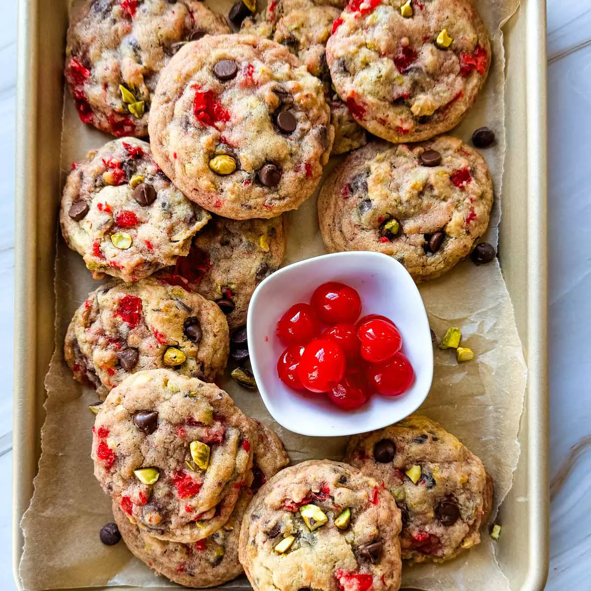 Maraschino Cherry Pistachio Chocolate Chip Cookies