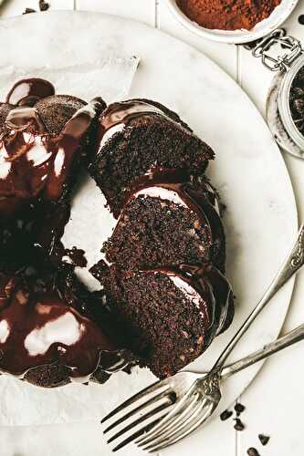 Chocolate chip bundt cake with chocolate glaze