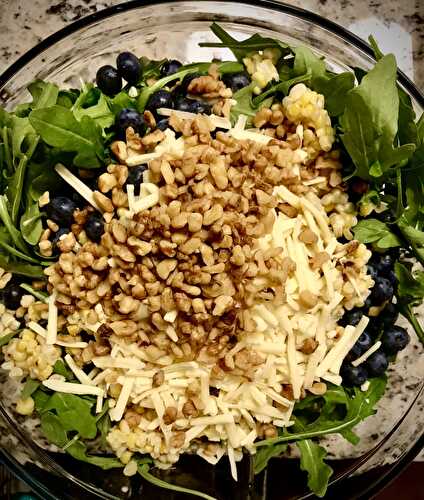 Arugula Salad with Grilled Corn, Blueberries, and Sharp Cheddar - Tastefully Grace