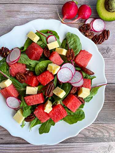 Balsamic Watermelon Salad with Sharp Cheddar & Candied Nuts - Tastefully Grace