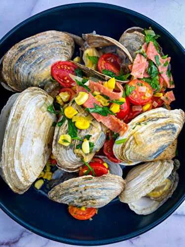 Clams on Toast with Blistered Tomatoes, Corn & Calabrese Salami - Tastefully Grace