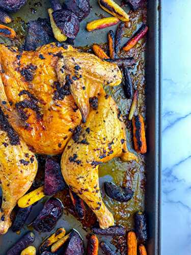 Harissa Roasted Spatchcock Chicken & Root Vegetables - Tastefully Grace