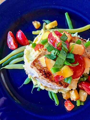 Pan Seared Swordfish with Spicy Peach Salsa and Scallion Mashed Potatoes - Tastefully Grace
