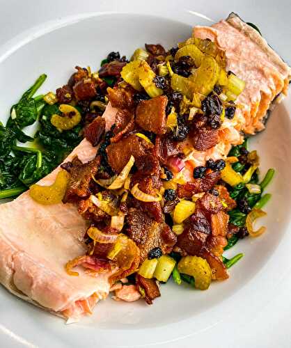 Poached Salmon with Black Currant Bacon Vinaigrette - Tastefully Grace