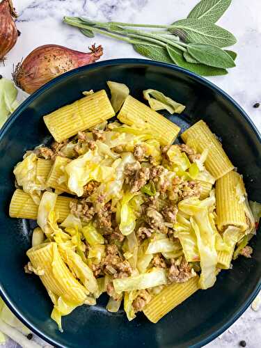 Rigatoni with Crumbled Sausage and Shaved Cabbage - Tastefully Grace