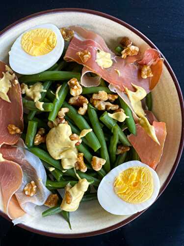 Roasted Garlic Dijon Green Bean Salad with Prosciutto & Eggs - Tastefully Grace