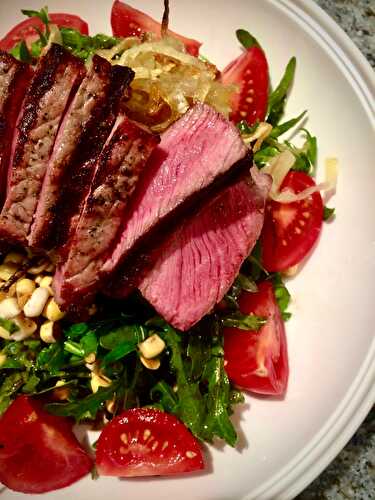 Steak Salad with Oven-Caramelized Onions, Sweet Corn, and Gouda Crisps - Tastefully Grace