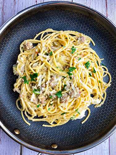 Stracciatella Sausage Pasta with Melted Onions & Fennel - Tastefully Grace