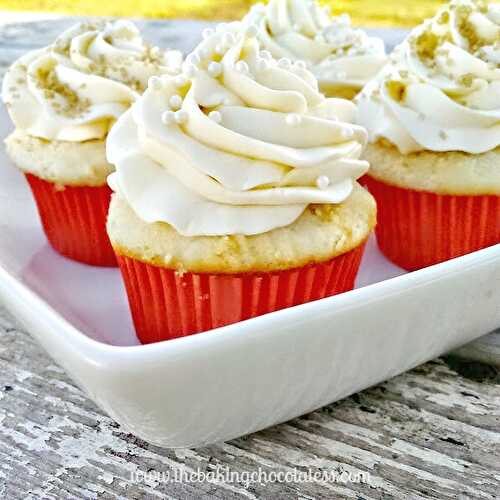 Heavenly White Chocolate Buttercream Frosted Vanilla Butter Cupcakes