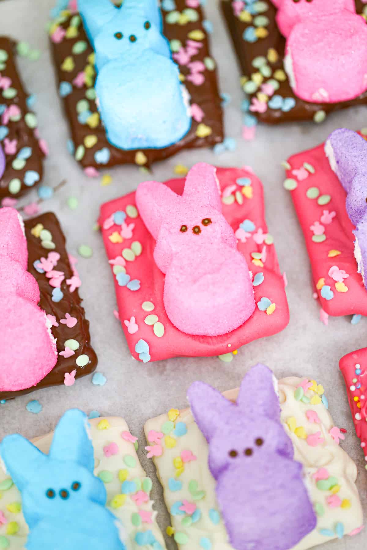 Easter Peep Chocolate Covered Graham Crackers