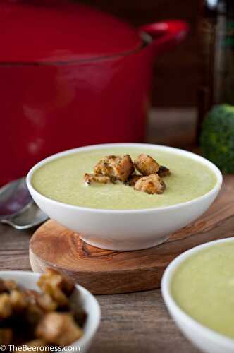 Green Beer Cheese Soup (Broccoli Cheddar) with Pesto Croutons