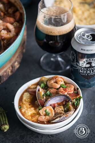 Stout Creole Gumbo over Smokey Cheddar Grits