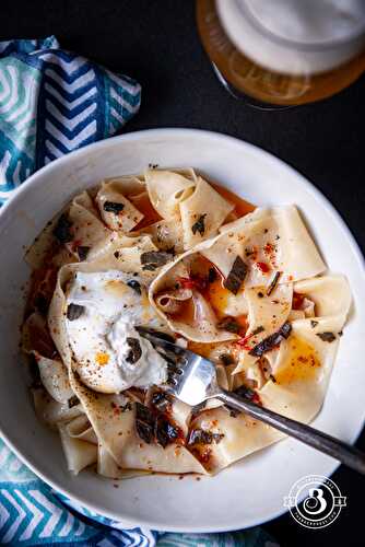 Pilsner Pappardelle with Harissa Brown Butter, Burrata, and Crispy Basil