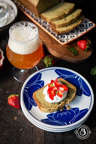 Matcha Beer Pound Cake with Strawberries, Mint Whipped Cream