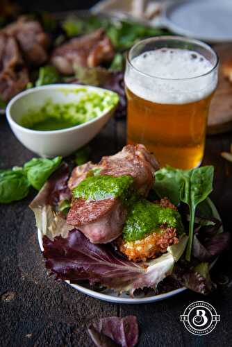 Beer Brined Lamb Chops with Herb Sauce over Fried Goat Cheese
