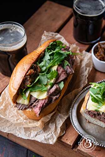 Black Pepper Flank Steak Sandwich with Brie and Beer Caramelized Onion Jam