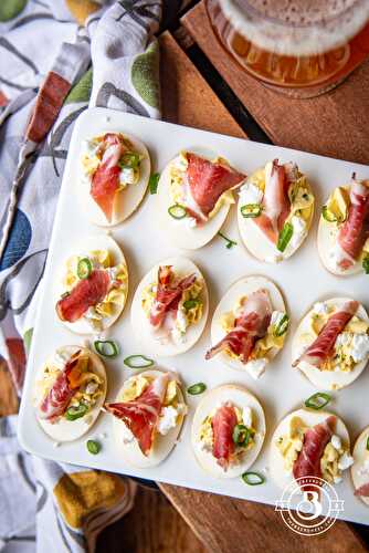 Beer Pickled Deviled Eggs with Goat Cheese and Coppa