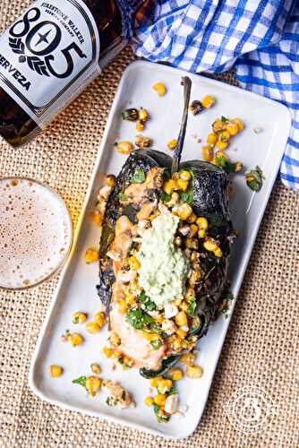 Triple cheese, Chicken and Elote Stuffed Charred Poblano with Lager Avocado Sauce
