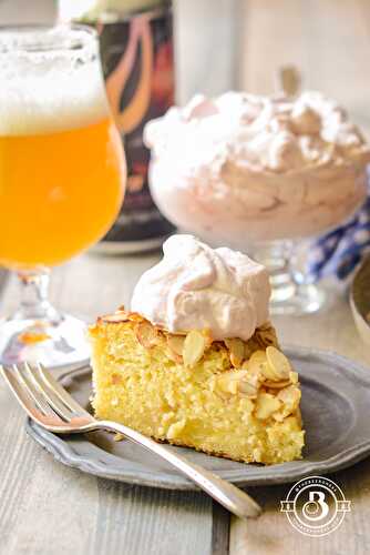 Almond Cake with Beer Caramelized Pineapples and Hibiscus Whipped Cream