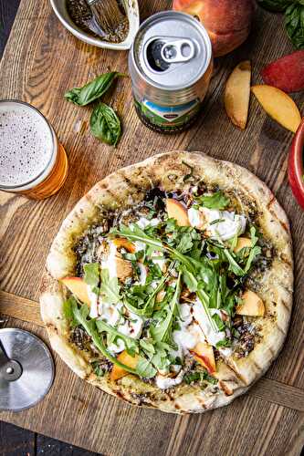 Grilled Beer Crust Pizza with Peaches, Burrata, and Pesto