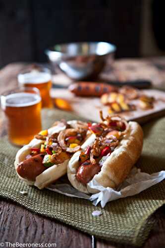 Beer Brat Dogs with Grilled Peach Salsa and Fried Onions  - The Beeroness