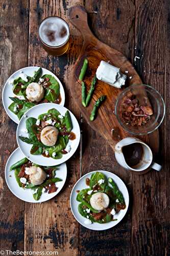 Beer Brined Scallops over Spinach Salad With Bacon Stout Dressing  - The Beeroness