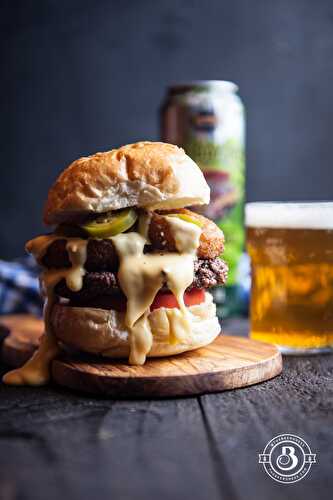 Beer Cheese Burger with Onion Rings and Beer Pickled Jalapenos