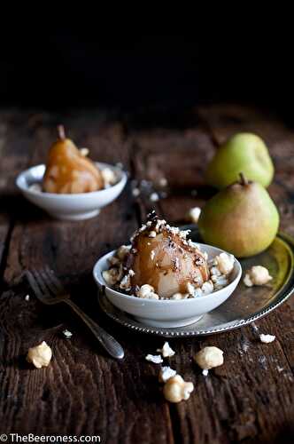 Beer Poached Pears with Chocolate Stout Fudge Sauce and Moose Munch Crumble - The Beeroness