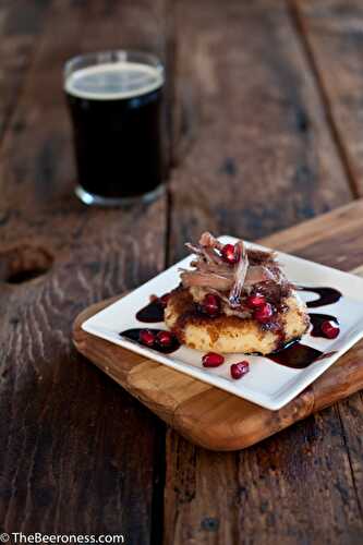 Duck Confit on IPA Potato Cakes with Stout Pomegranate Sauce - The Beeroness