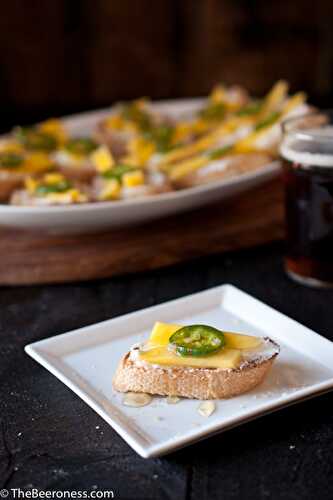 Goat Cheese Crostini with Beer Pickled Jalapenos and Mangos - The Beeroness