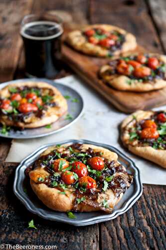 Porter Caramelized Onion Flatbreads with Smoked Gouda and Roasted Tomatoes  - The Beeroness