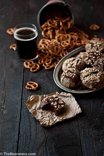 Pretzel Crusted Chocolate Beer Fudge Cookies
