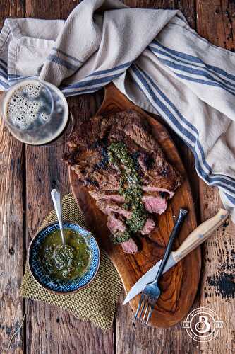 Stout Brined Pan Seared Flank Steak with Sage Chimichurri