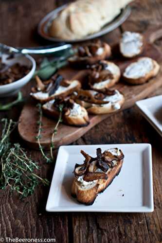 Stout Soaked Mushrooms and Herbed Goat Cheese Crostinis - The Beeroness