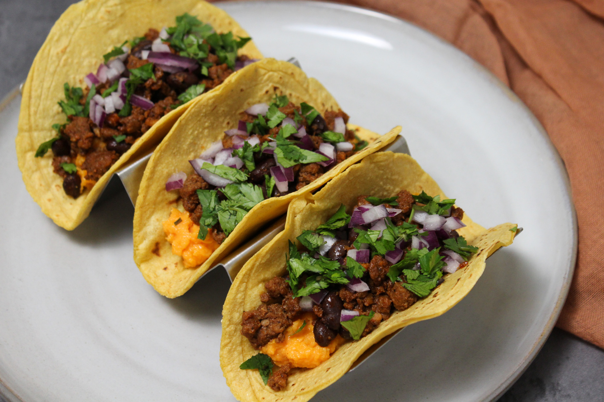 Black Bean and Chorizo Tacos with Sweet Potato Purée