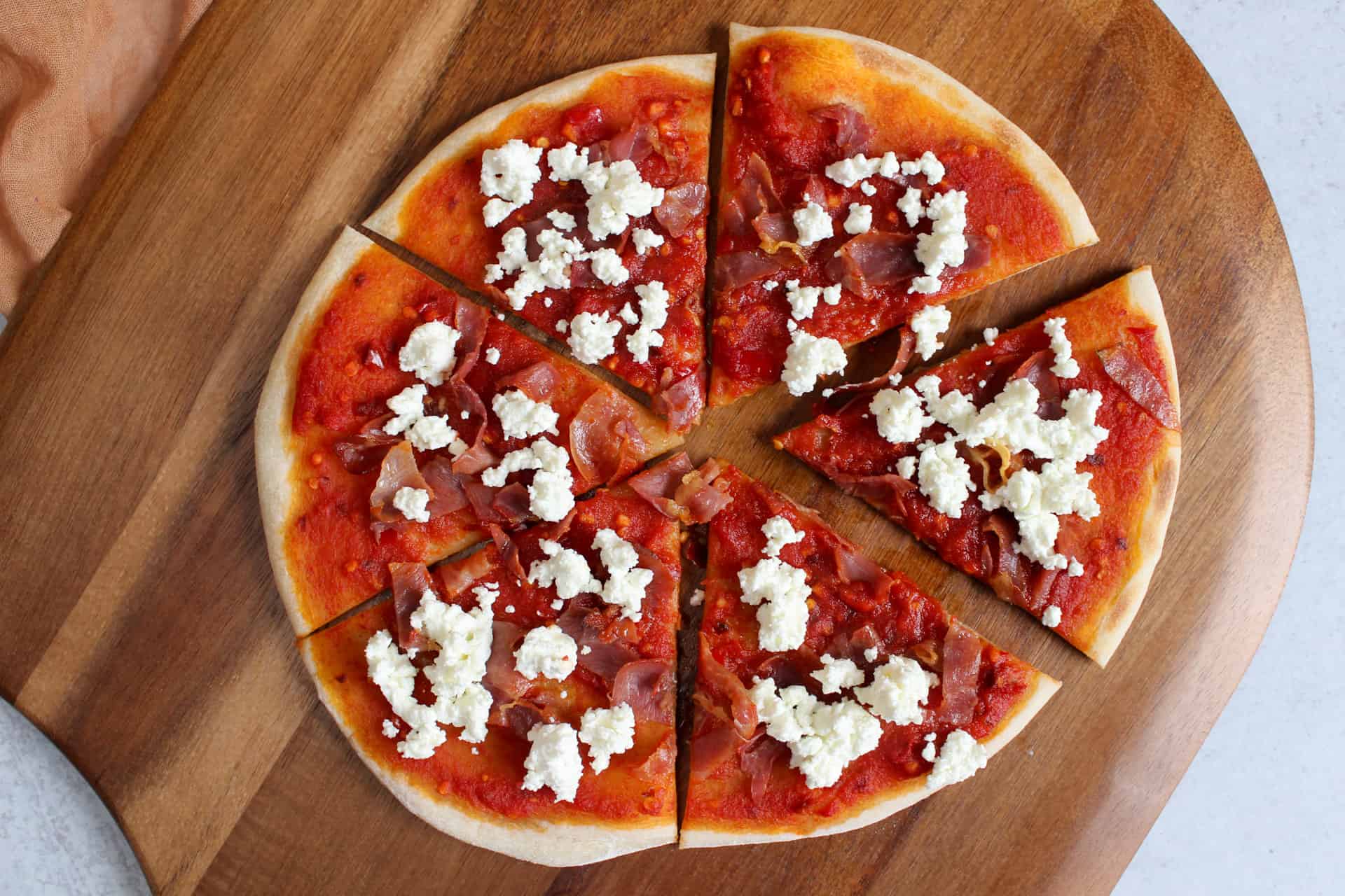 Prosciutto & Goat Cheese Pizza with Spicy Tomato Sauce