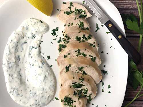 Oven Poached Chicken Breast with Creamy Lemon Herb Sauce