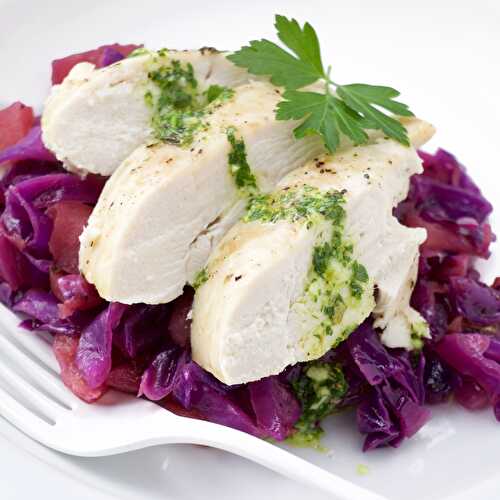 Braised Apple-Red Cabbage with Chicken Breast and Spanish Salsa Verde